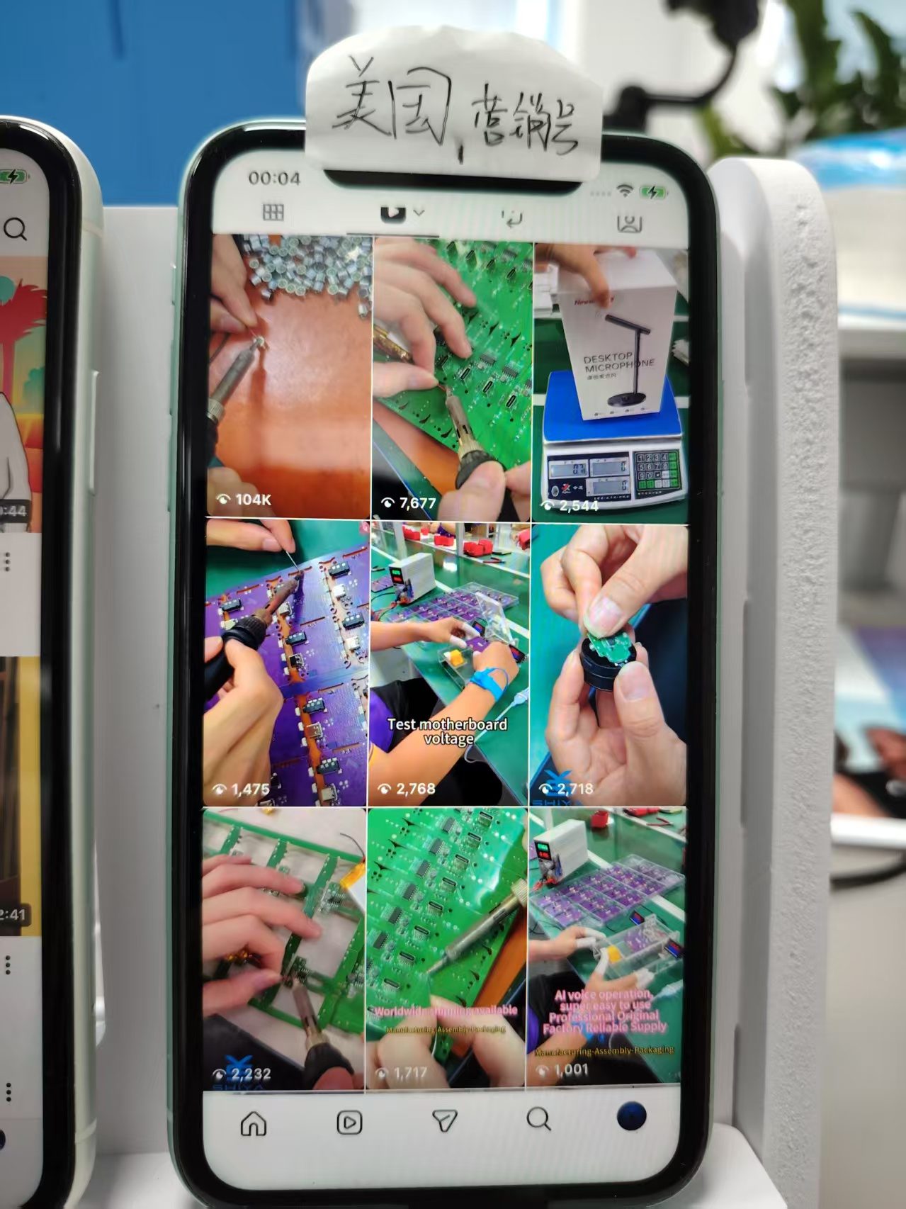 The same matrix account's performance on another platform — genuine soldering, testing, and assembly footage